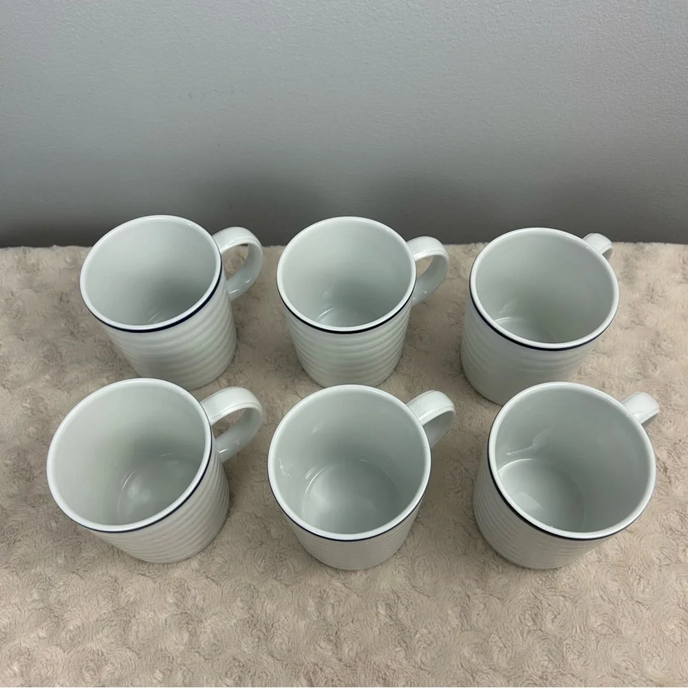 Crate & Barrel Roulette Blue Coffee Mug Set of 6 White Spal Porcelain Portugal